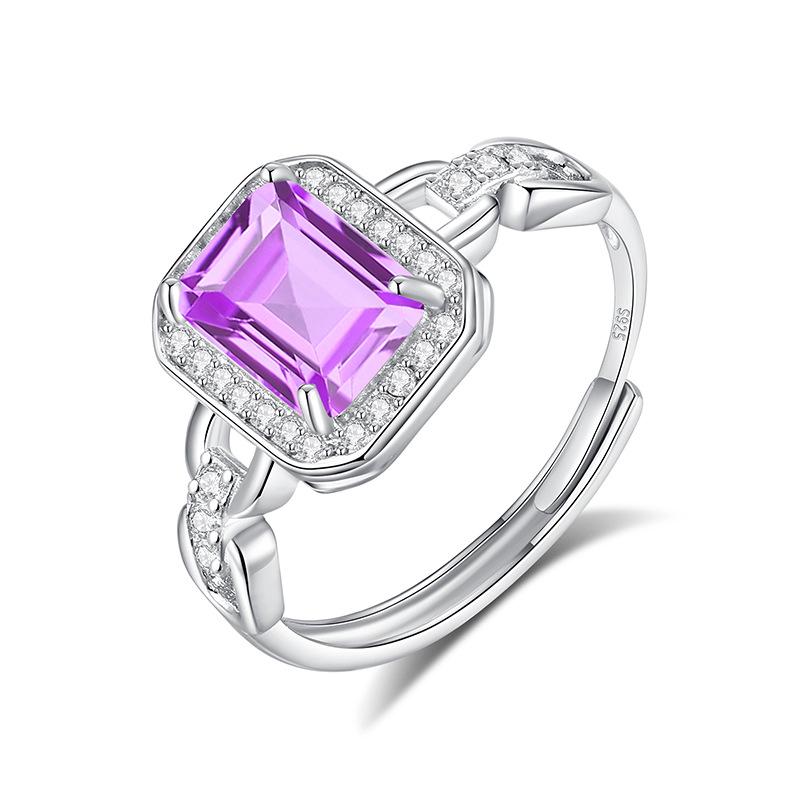 S925 Sterling Silver Square Natural Crystal Ring, Paved Colored Gems Adjustable Band, Luxury European Style Jewelry for Women, Daily Wear & Gift