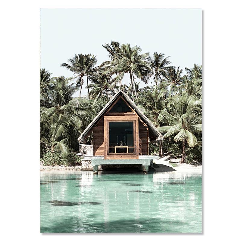 Tropical Beach Ocean Poster Palm Tree Banana Leaves Wall Art Canvas Painting Bridge Summer Seascape Picture For Home Decor