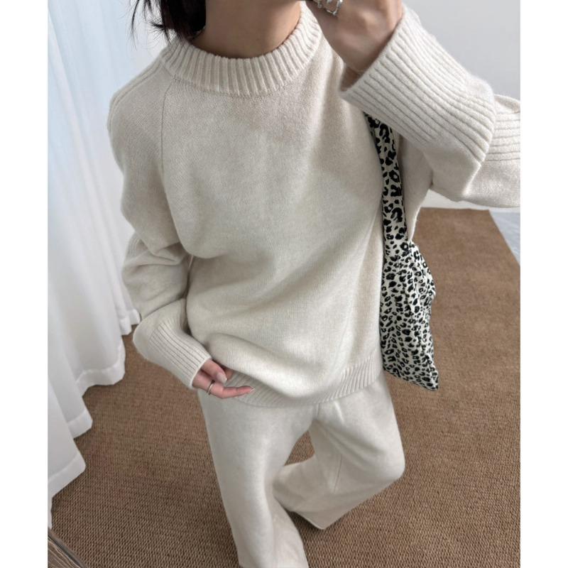 Crew Neck Fashion Suit Autumn and Winter New Lazy Style Casual Wide-leg Trousers Top Knitted Sweater Two-piece Set