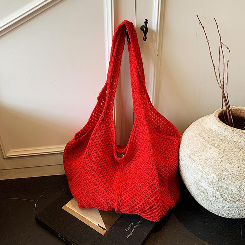 Yogodlns Women Crochet Tote Bag Fashion Hollow Out Knitted Bag Large Capacity Handbag Female Summer Beach Solid Color Woven Shoulder Bag