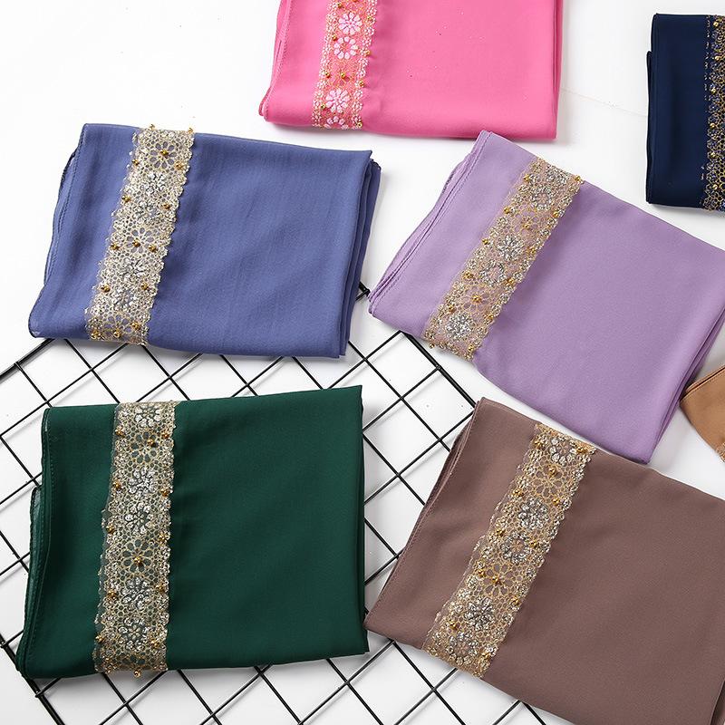 Lenço Hijab de Chiffon Bolha com Renda para Mulheres Muçulmanas Foulard Femme Musulman Lenços de Cabeça Islâmicos Toucados Árabes
