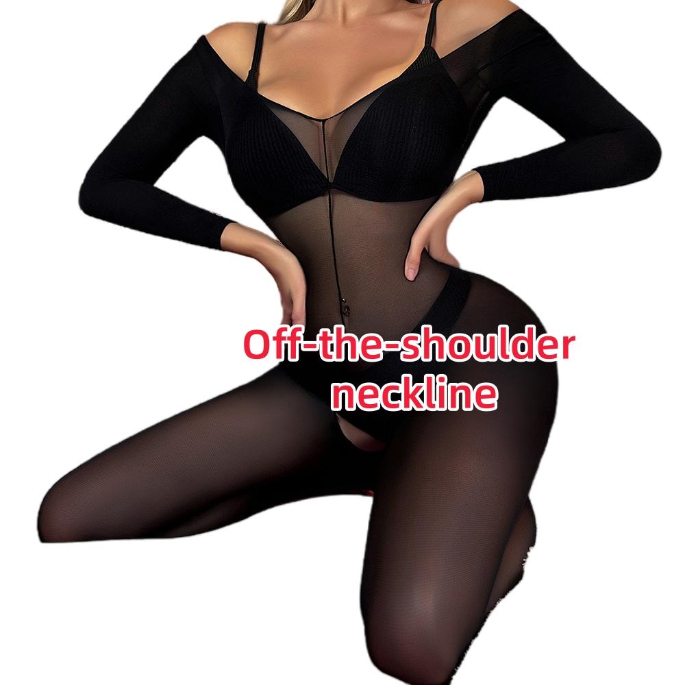 Stylish Women'S Sexy See-Through Crotchless Bodystocking Jumpsuit Sheer Lingerie For Clubwear Black Nylons For 150-170Cm 40-65Kg
