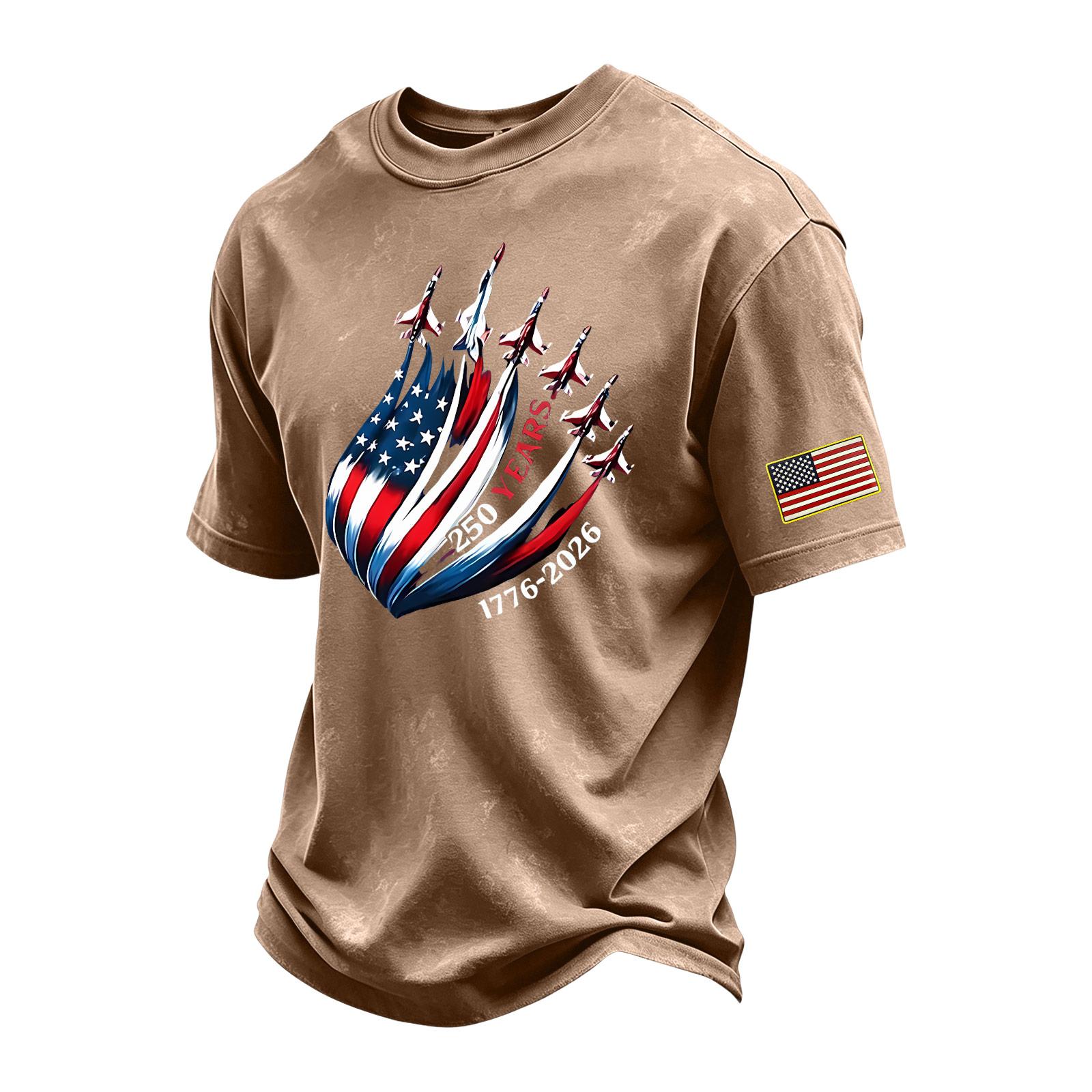 

Men’s Vintage Crew Neck Short Sleeve T Shirt with 250 Years 1776-2026 Independence Day Print and Flag Patch Casual Fit XXL кофейный