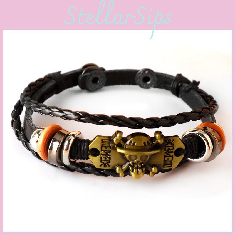 One Skull Piece Pirate Leather Woven Alloy Bracelet For Cosplay Accessories