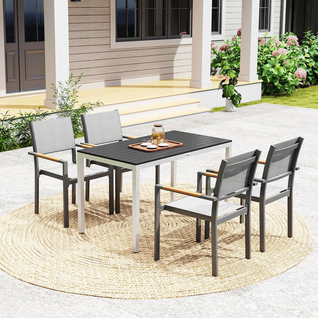 Garden Table, Aluminum, 120x70 Cm, Weatherproof Balcony Table with Wood Look, for 4-6 People, Black