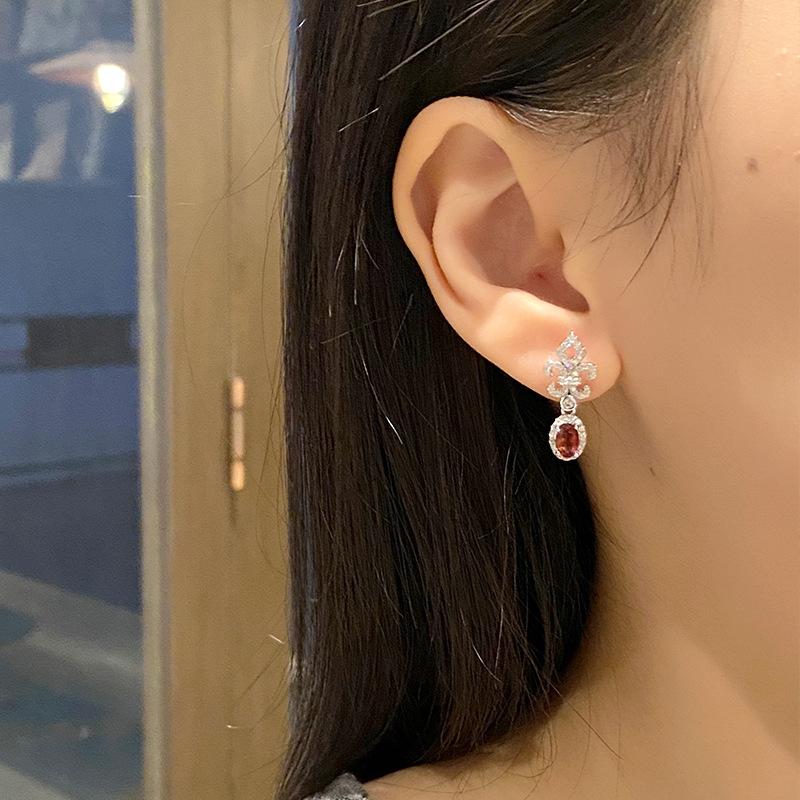 S925 Silver Earrings, Natural Garnet/Topaz Crystal Studs, Elegant Jewelry for Women