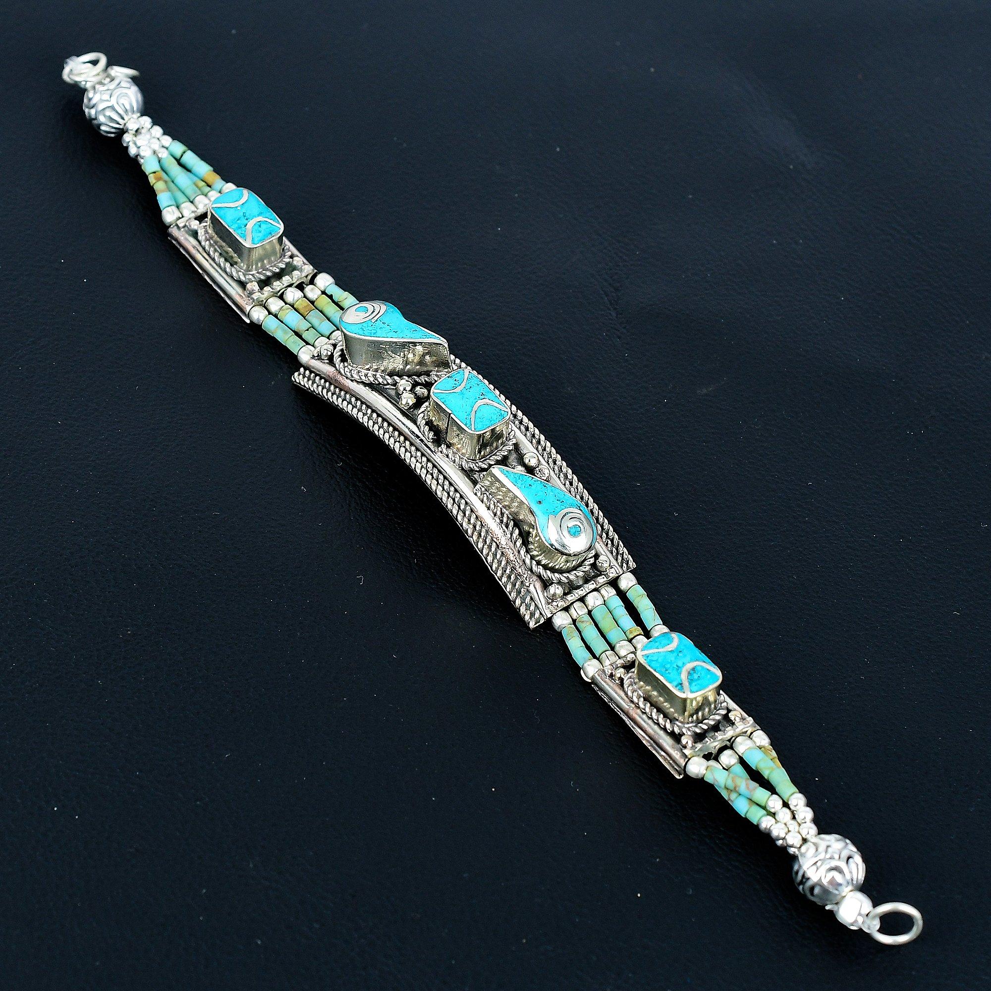 

Бирюзовый браслет из стерлингового серебра 925 пробы, тибетский серебряный браслет, браслет ручной работы, азиатские непальские украшения, богемный эффектный браслет, шарм-украшение в стиле бахо 8 синий