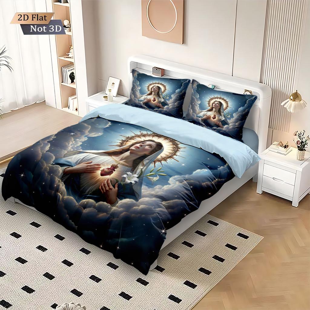 3pcs Holy Virgin Mary Printed Coreless Bedding Set Soft and Comfortable Dormitory Bedroom Multiple Sizes Machine Washable