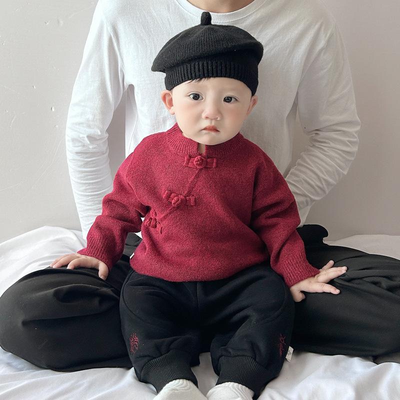 New Chinese New Year'S Clothing Set Baby Red Thickened Sweater Boys And Girls Chinese Style Festive Knitted Sweater Top