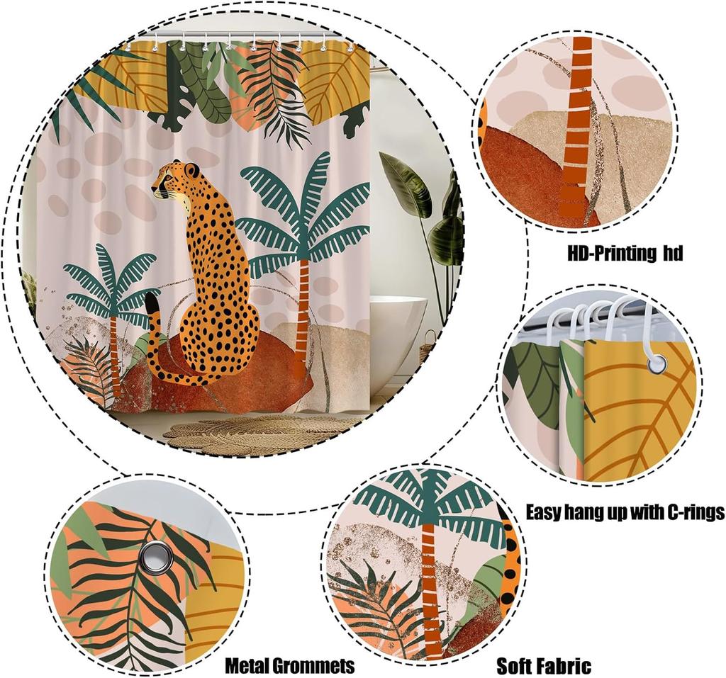 Orange Cheetah and Tropical Leaves Pattern Waterproof Shower Curtain 180x200cm - Jungle Animal Print Bath Curtain for Home Decor
