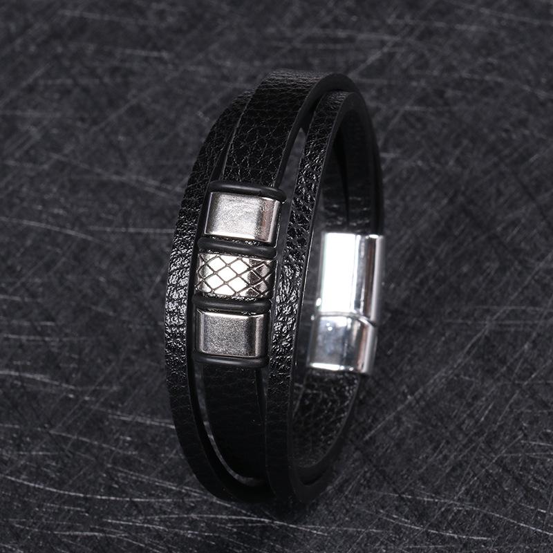 Trendy Multi-Layer Woven Leather Rope Bracelet with Stainless Steel