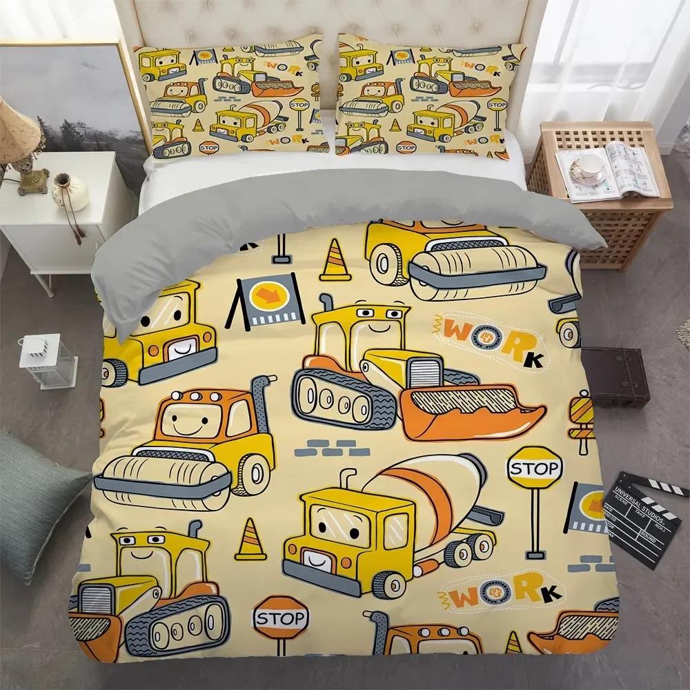 Excavator Tractor Cartoon Machinery Bulldozer Trucks Comfortable Duvet Quilt Cover Pillowcase Bedding Set Children Home Textile