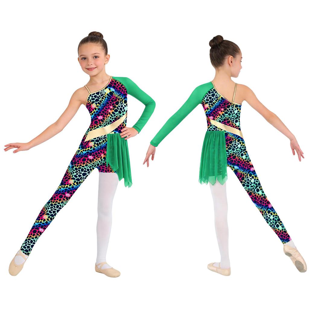 Kinderen Meisjes Grot Thema Danskostuum: Patchwork Bodysuit met Luipaardprint, Asymmetrisch Ontwerp voor Jungle Gymnastiek & Podium