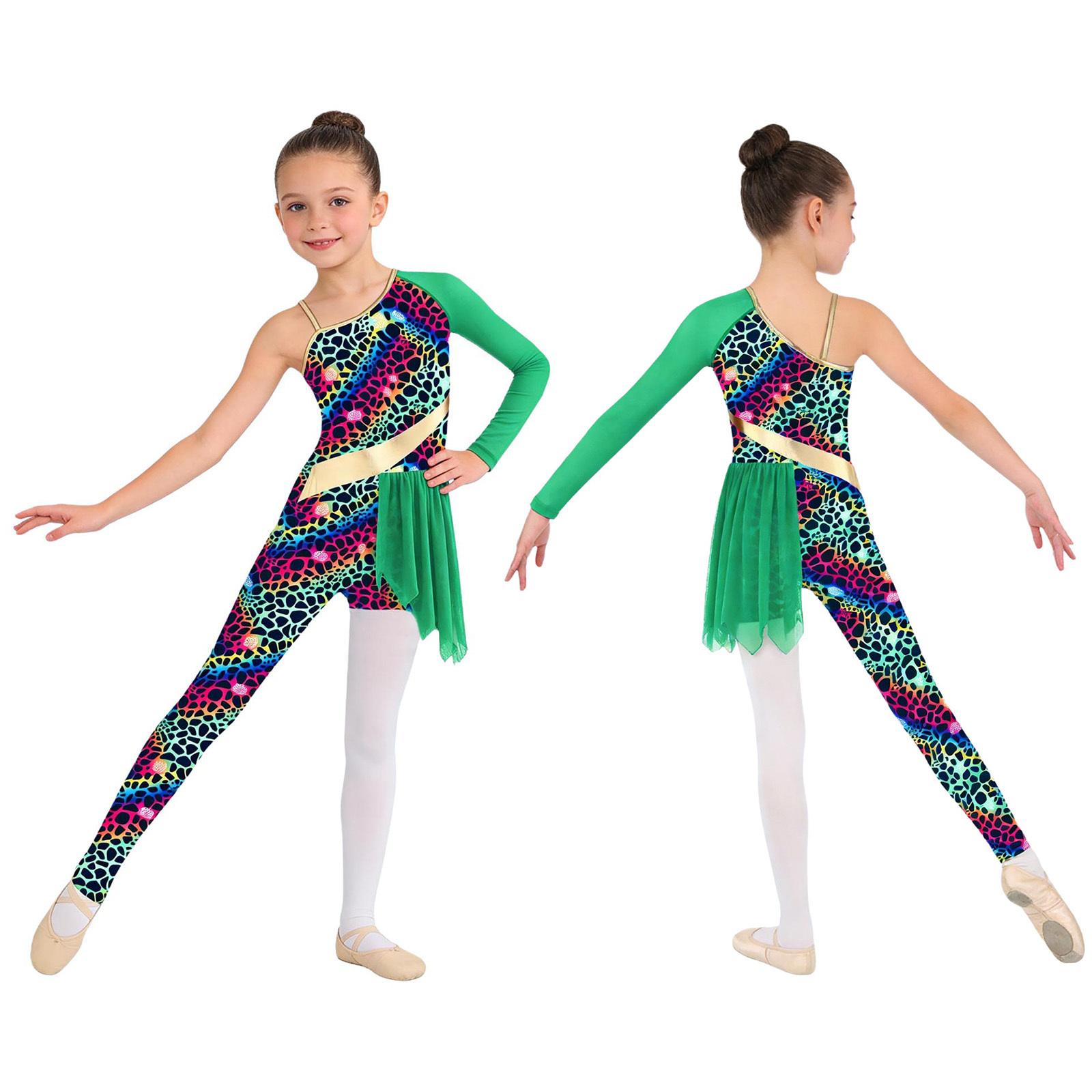 Kinder Mädchen Höhlenthema Tanzkostüm: Patchwork-Body mit Leopardenmuster, Asymmetrisches Design für Dschungel-Gymnastik & Bühne 5-6 Years grün