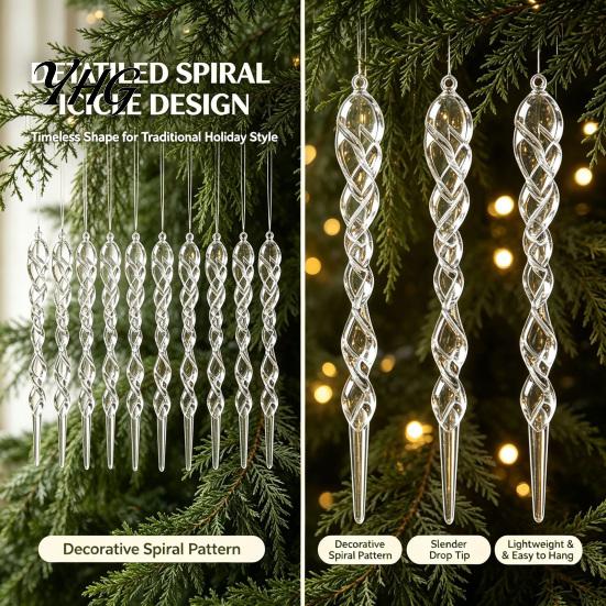 Elegant Christmas Home Decorations 12Pcs Colorful Spiral Icicle Ornaments, Acrylic Twisted Ice Bar Hanging Decor Durable Transparent Crafts for Tree,