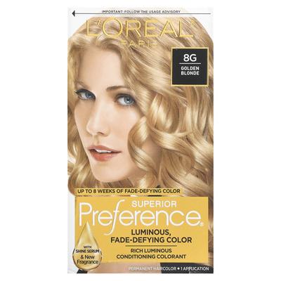 L'Oréal, cor brilhante altamente preferida, cor que não descolora, loiro dourado 8G, uma aplicação