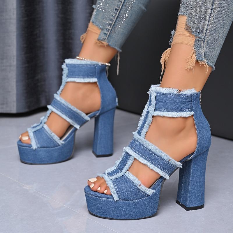 Fashion Summer Women's Cool Boots Fashion Thick Heel High Heeled Sandals Classics Denim Hollow Out Cool Boot Luxury Platform Women Shoes