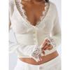 Womens Lace Trim Solid V Neck Long Sleeve Slim Fit Knit Cardigan Top