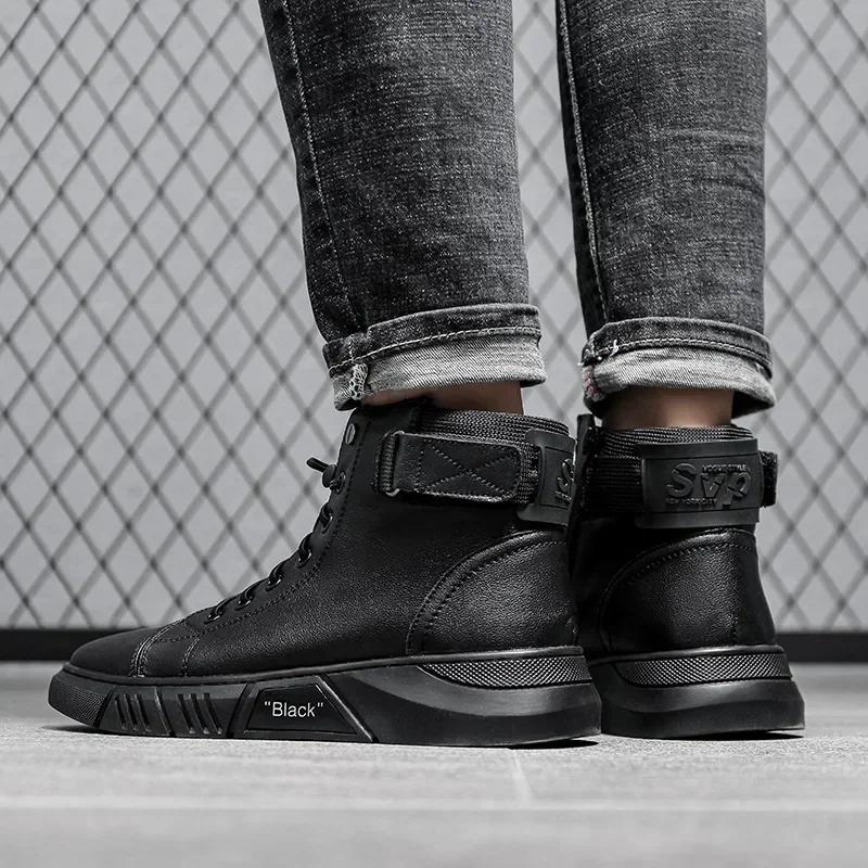 Fashion Genuine Leather Business Short Boots Men's New Autumn Winter 2024 British Fashion Plush Flat Shoes Trend Casual Shoes Soft