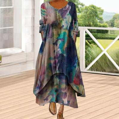 Summer Floral Maxi Dress for Women Plus Size Long Sleeve V Neck A Line Boho Dress with Layered Flowey Irregular Hem