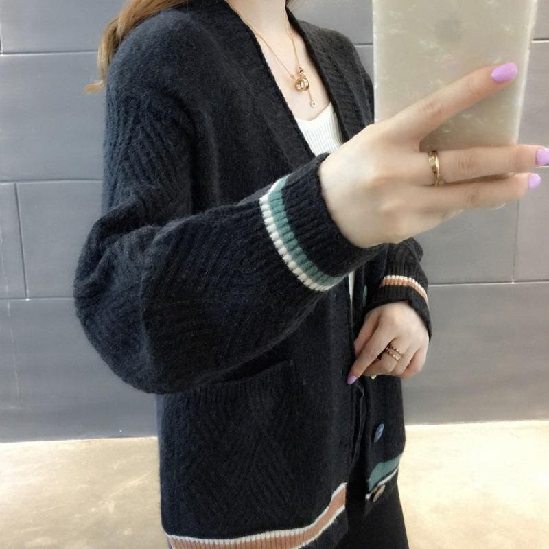 Color Button Knitted Cardigan for Women, Foreign Versatile and Contrasting Colors V-neck Large-size Sweater Cardigan for Women, Loose and Lazy Women