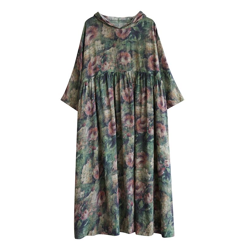 Dimanaf 2025 Summer Women Plus Size Long Dress Hoodies Pleated Basic Casual Loose Vintage Floral Dress Maxi