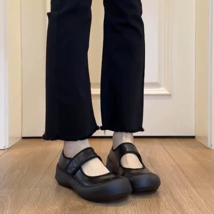 Cowhide version~ Round head shallow mouth single shoes women's 2025 new platform Velcro casual Mary Jane ballet shoes women