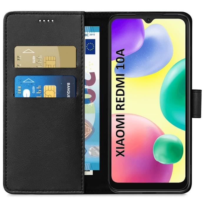 Coque Portefeuille - Phonillico - Xiaomi REDMI 10A - Noir - Effet Cuir - Rangement Cartes