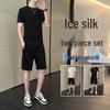 Men's Trendy Ice Silk Two-Piece Set: Sporty Casual Summer Short Sleeve T-Shirt and Shorts