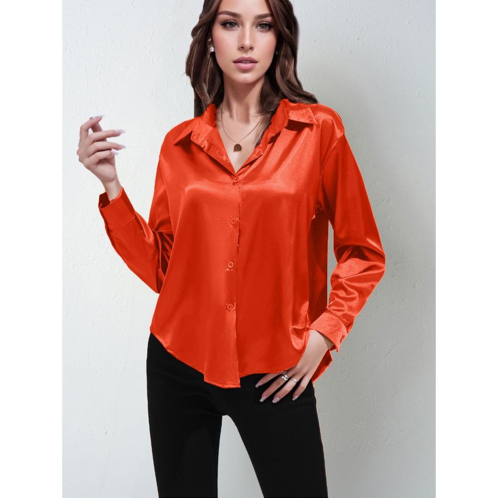 GMXIA Sateng Silkelignende Langermet Ensfarget Skjorte for Kvinner, Elegant Knappedetalj foran med Krage