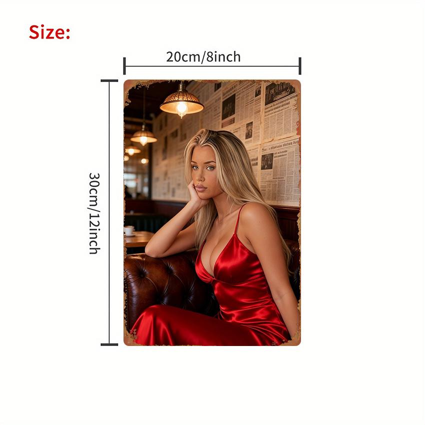 PC Vintage Newspaper Red Dress Lady Wall Art xin Iron Metal Sign PreDrilled for Easy Hanging Durable Home Decor for Liv