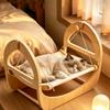 Wooden Cat Swing Bed Curved Frame Suspended Hammock Textile Hanging