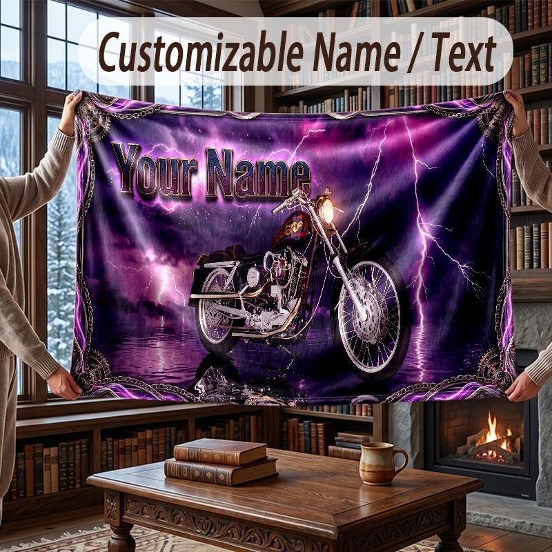 Motorcycle Theme Throw Blanket Custom Name Text Personalized Blanket Soft Cozy Blanket for Home Sofa Bed