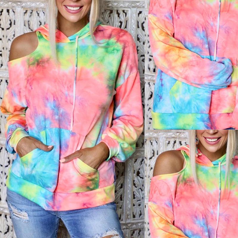 Tie-Dye Off-Shoulder Hoodie with Pockets - Women's Long Sleeve Sweatshirt