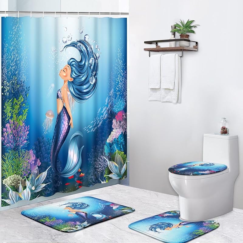 4 Pcs Shower Curtain Sets, Cute Unicorn Mermaid Cub Kids Rainbow Waterproof Bathroom Sets with Non-Slip Rugs, Toilet Lid Cover and Bath Mat,