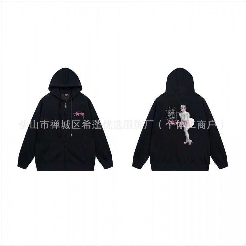 Hooded Zip-Up Sweatshirt Men Women Letter Print Loose Fit Casual Streetwear