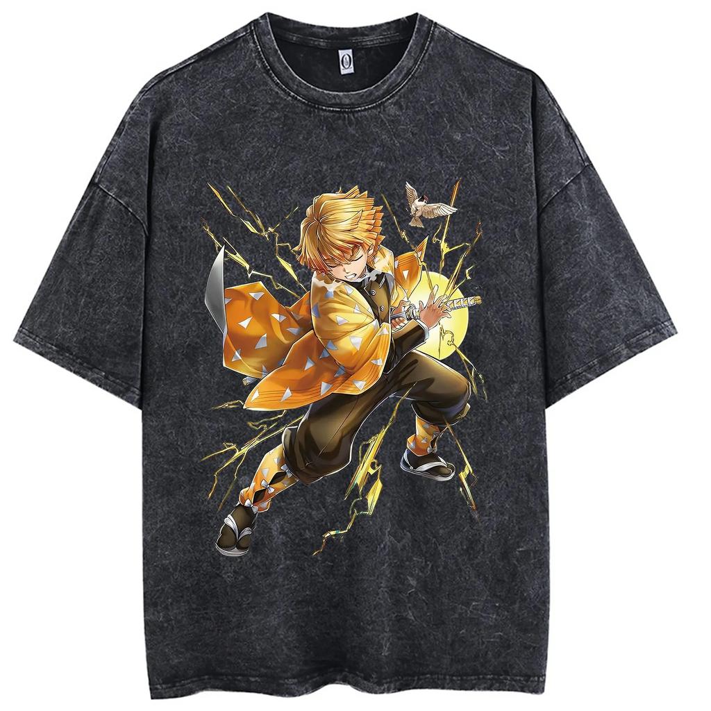 Anime Demon Slayer Agatsuma Zenitsu Graphic T Shirt Men Manga Vintage Tshirts Washed Cotton T-shirt Harajuku Male T-Shirt