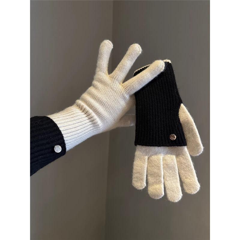Maillard Winter Dual Use Color Blocked Knitted Wool Gloves for Women's Wool Fingerless Touch Screen Warm Cycling Students