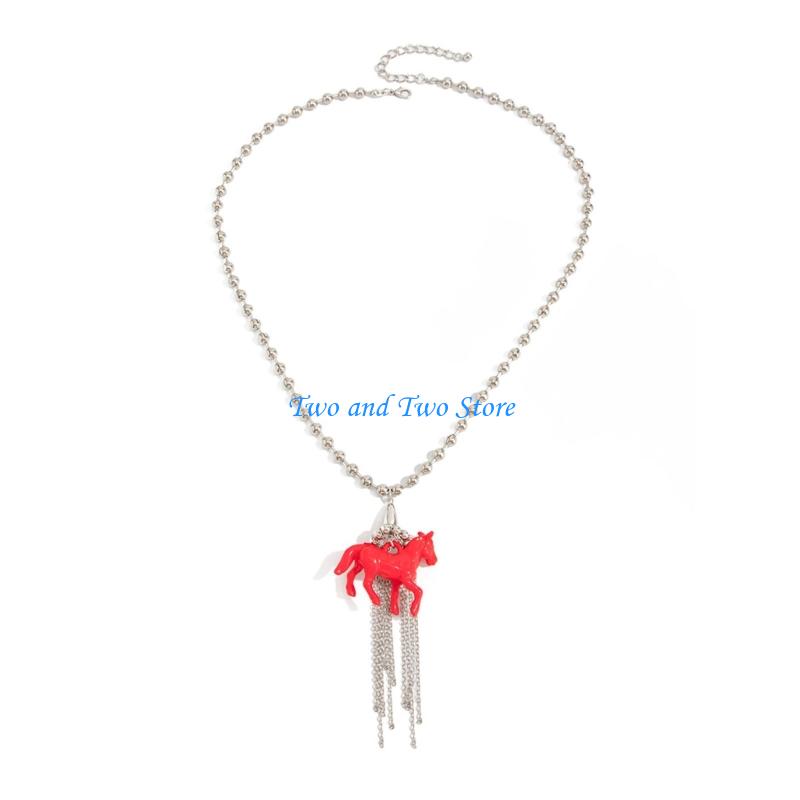HX6F Playful Horse Pendant Necklace With Elegant Tassels Detail Great Gift For Her Round Bead Neck Chain Jewelry