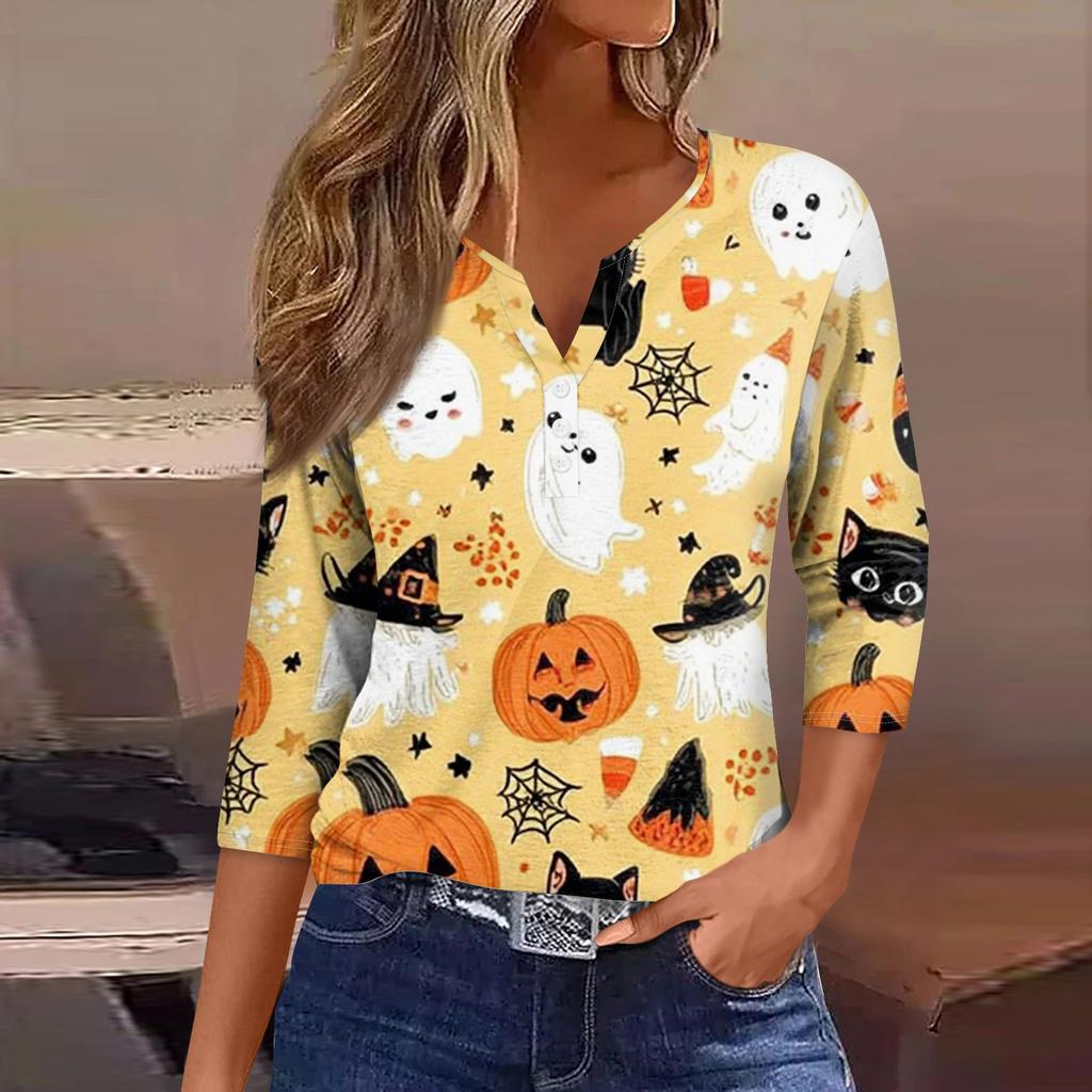 Damen V-Ausschnitt Knopf Halloween Dreiviertelarm T-Shirt Top