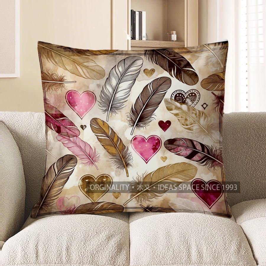 2D Feathers & Hearts Patterned Decorative Pillow Covers Pattern Cushion Cover Suitable For Sofa Bedroom Car Pillow Cover