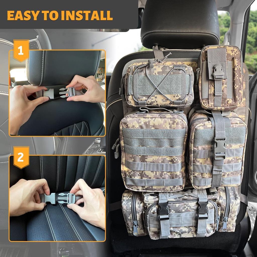 Tactical Car Seat Back Upgraded Vehicle Panel Organizer with 5 Removable Molle Universal Fit for Most Vehicles Organizer, Pouches,