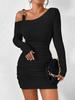 European & American Black Asymmetrical Off-Shoulder Knit Bodycon Dress with Long Sleeves