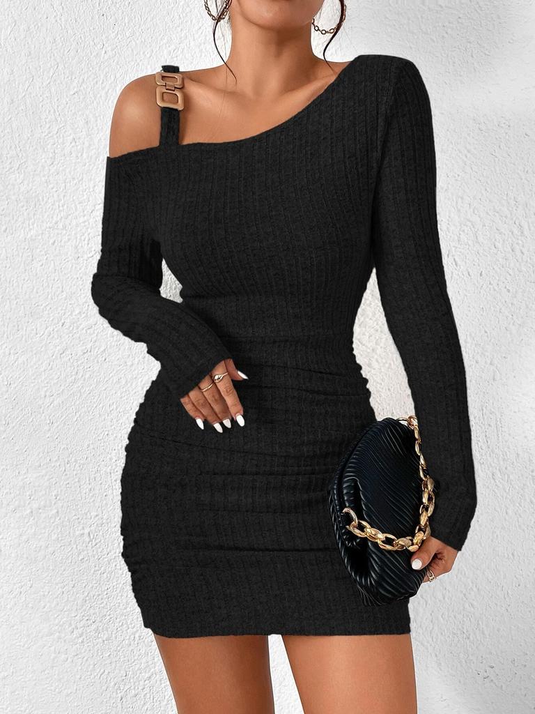 European & American Black Asymmetrical Off-Shoulder Knit Bodycon Dress with Long Sleeves
