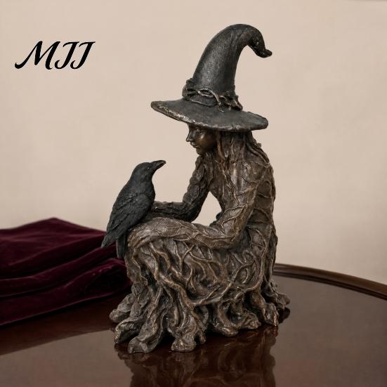 Crow Witch Sculpture Halloween Tree Statue, Gothic Resin Figurine, Fantasy Art Collectibles Dark Enchanting Ornament, Holiday Party Supplies