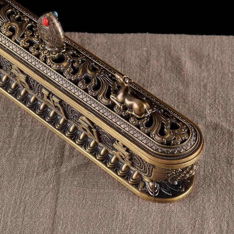 Sanskrit Incense Stick Burner Alloy Buddhist Tibetan Indoor Golden Meditation Engraving Temples Smoke Supply Furnace Ornaments