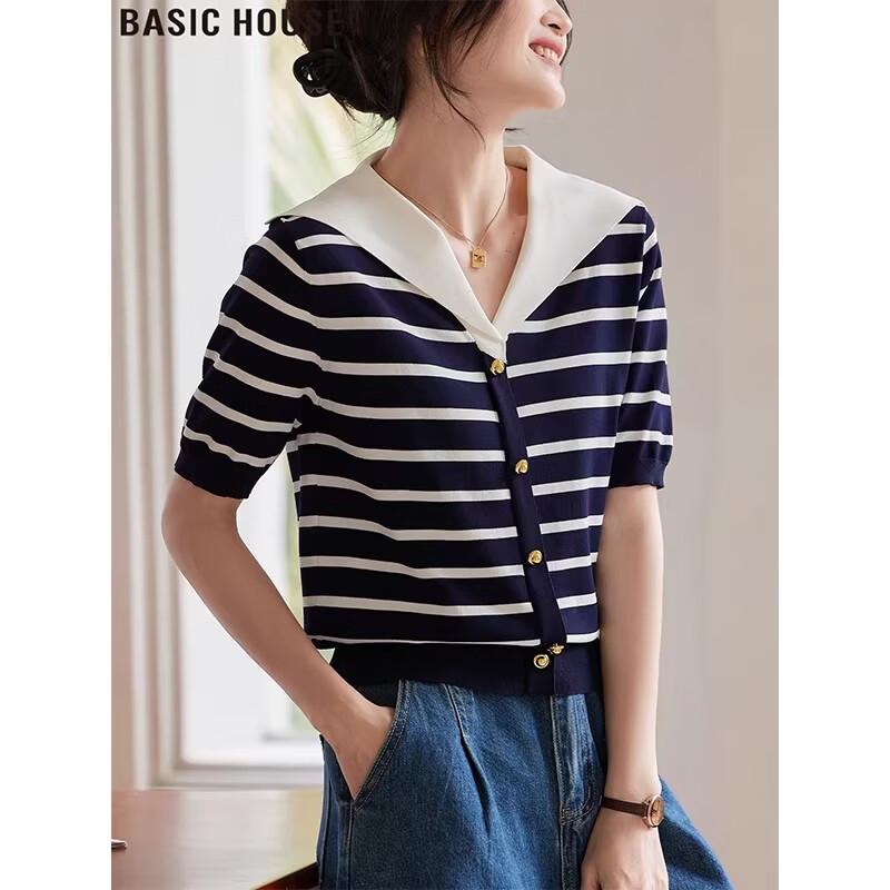 Basic House Women's Striped Sailor Collar Knit T-shirt