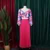 Women V Neck Printed Top Pleated Long Skirt Two Piece Casual Clothing Set