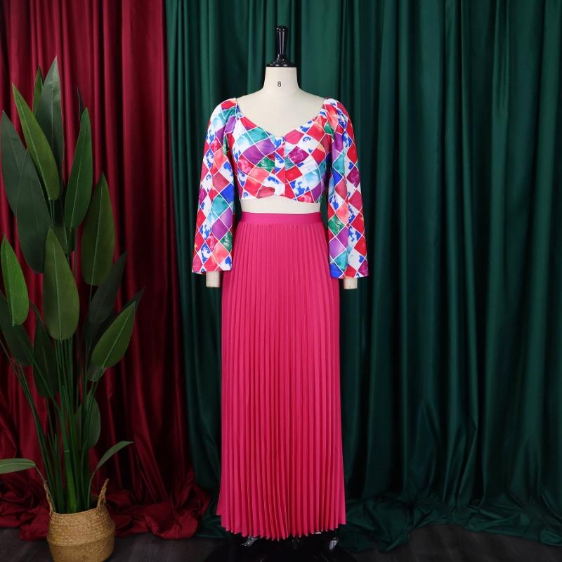 Women V Neck Printed Top Pleated Long Skirt Two Piece Casual Clothing Set