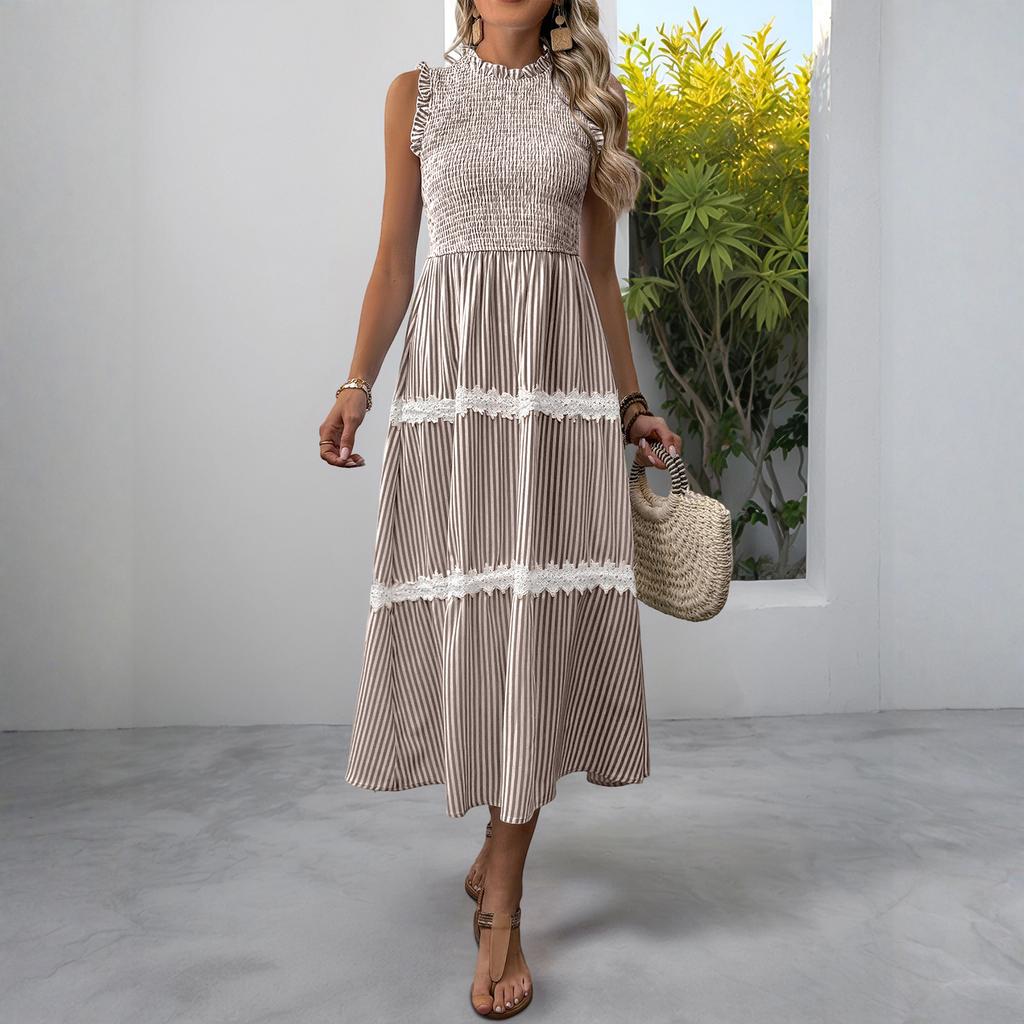 Sleeveless Women's Dress Casual Flowy A-Line Midi Tshirt Dresses With Pockets Crewneck Vocation Boho Beach Sundress